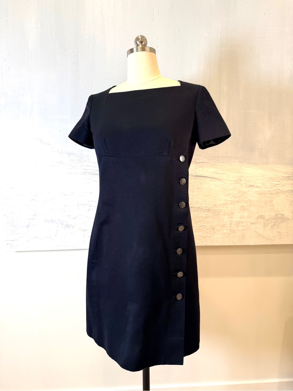 CHANEL Black Square-Neck Short-Sleeve Midi Dress with Side Buttons